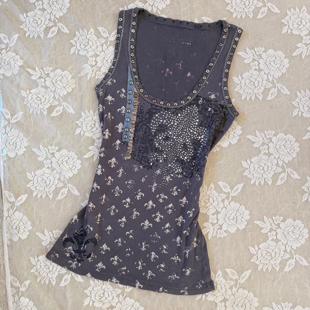 Y2K Rhinestone Fleur de Lis Studded Tank Top S/M